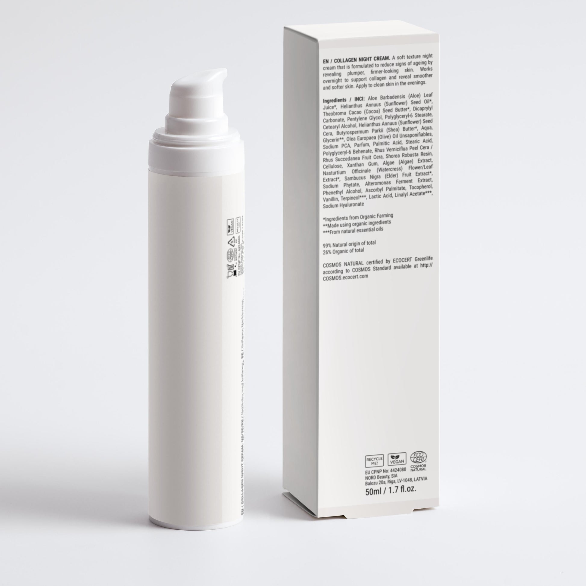 White skincare product bottle and box on a light gray background
