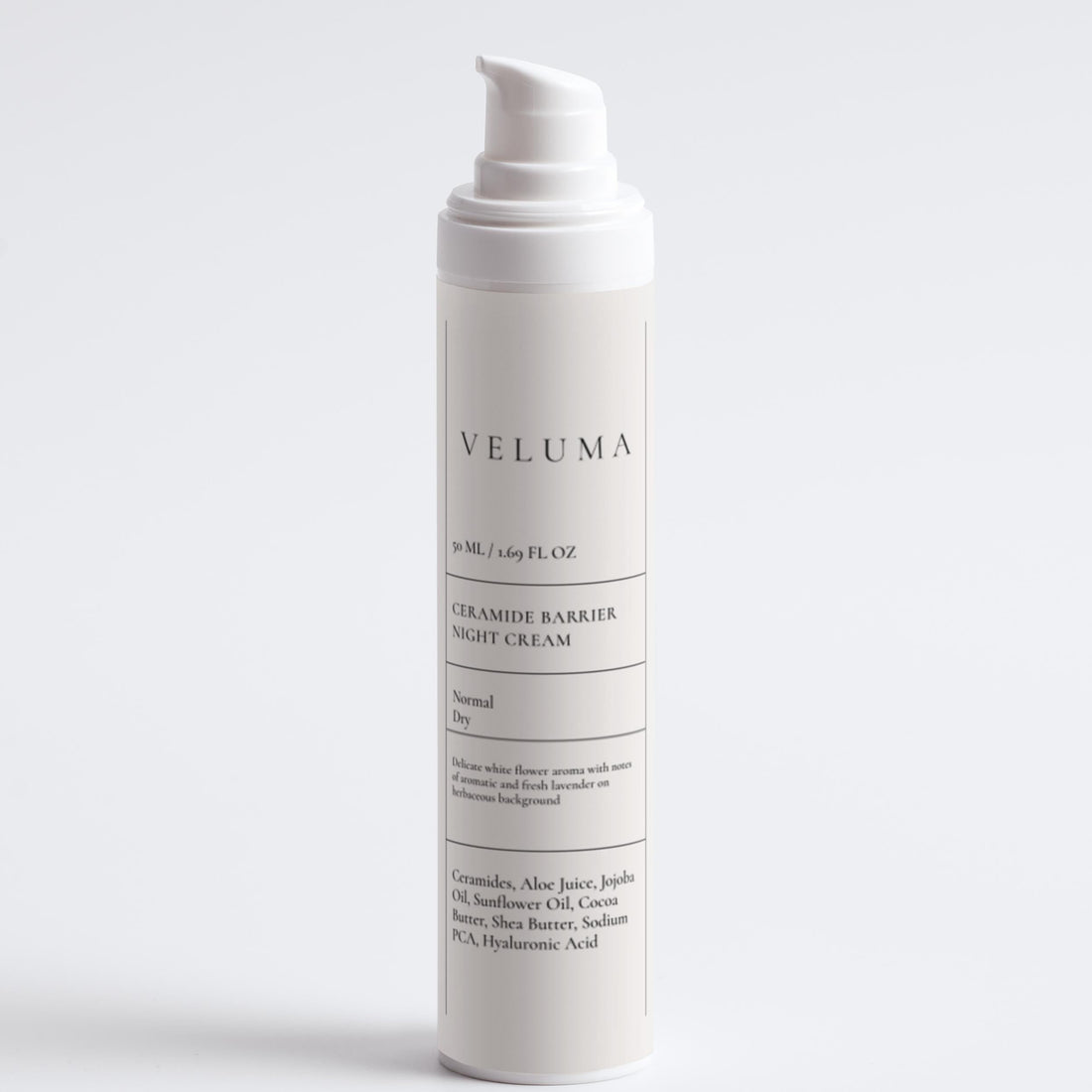 Veluma night cream bottle and packaging on a white background