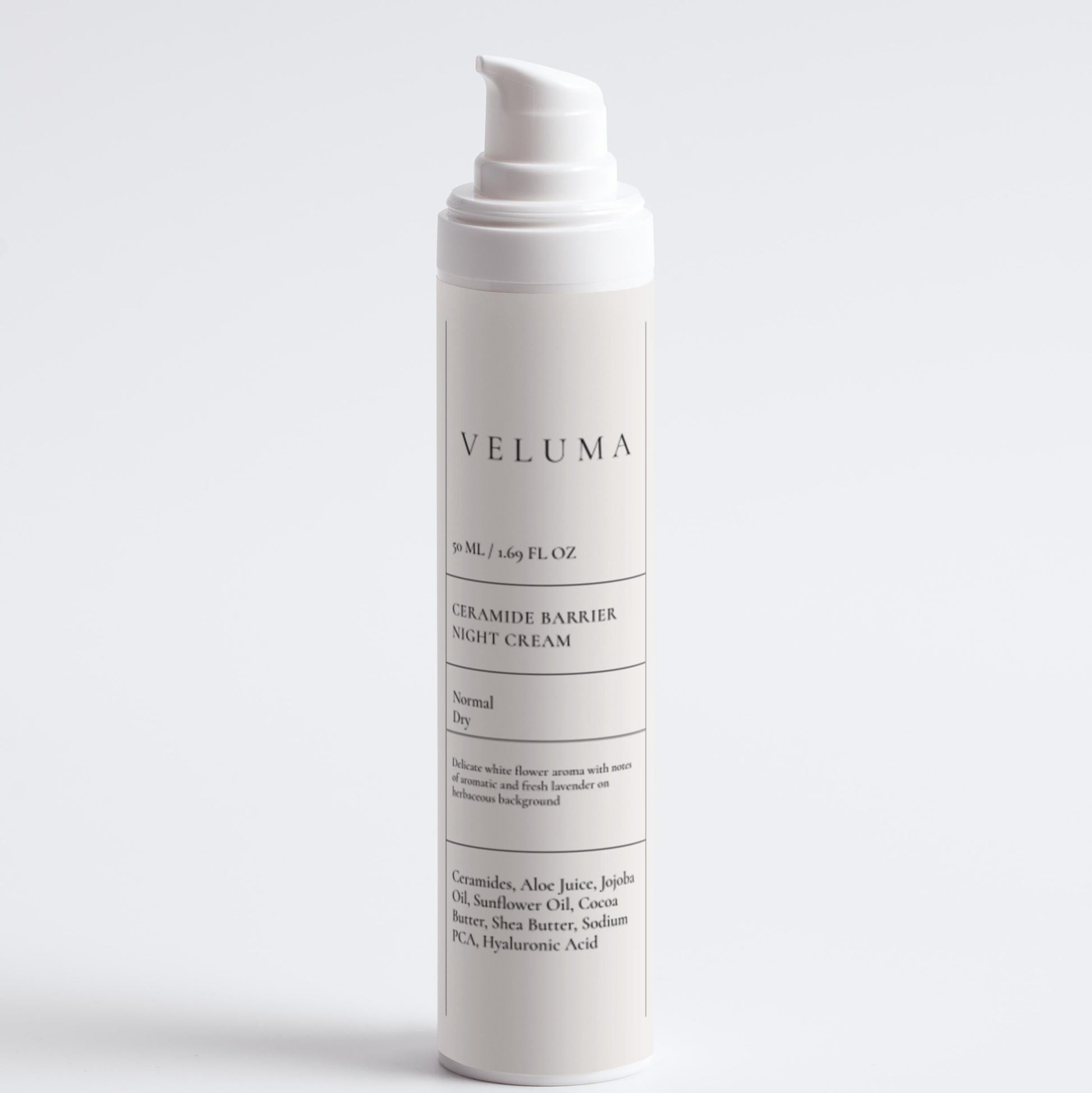 Veluma cream bottle on a white background