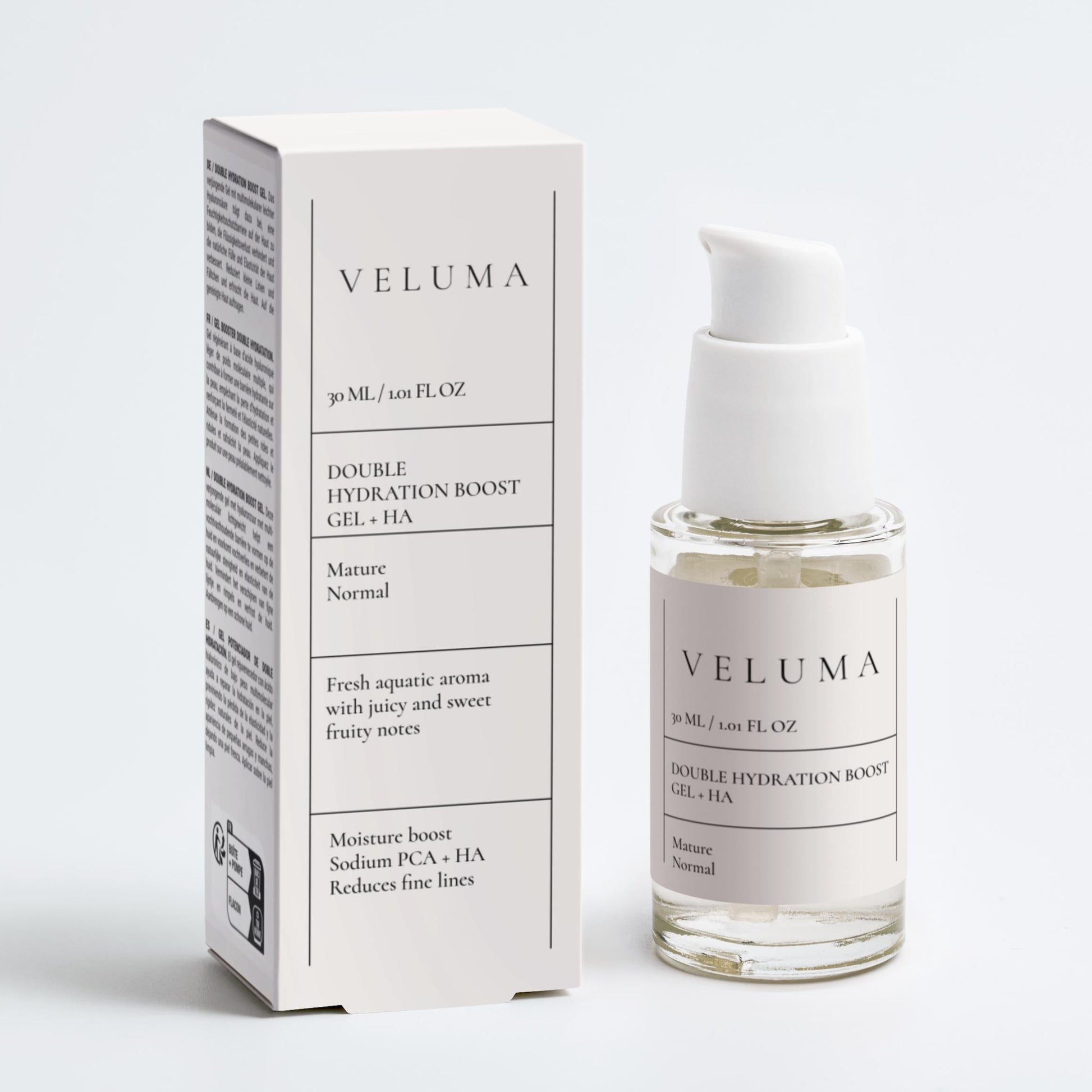 Veluma skincare product and packaging on a white background