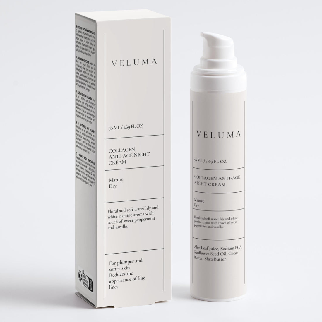 Veluma collagen anti-age night cream with packaging on a white background