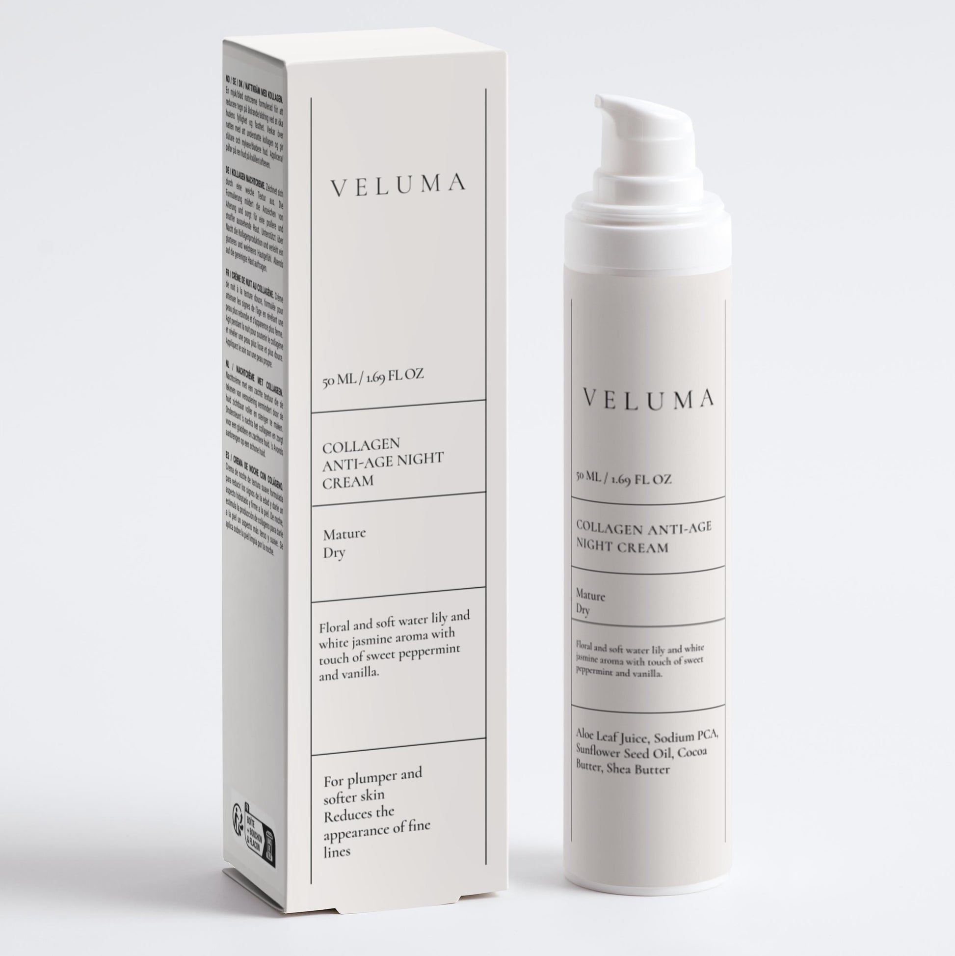 Veluma collagen anti-age night cream with packaging on a white background