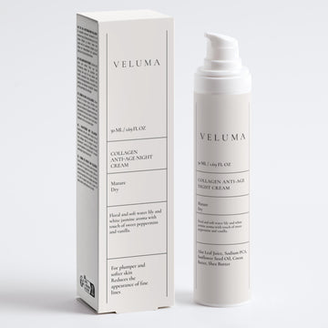 Veluma collagen anti-age night cream with packaging on a white background