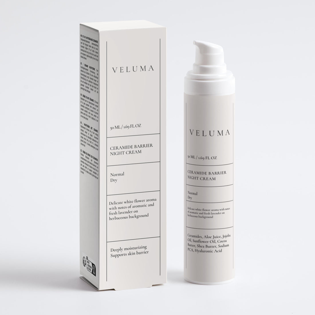 Veluma night cream bottle and packaging on a white background