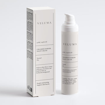 Veluma night cream bottle and packaging on a white background