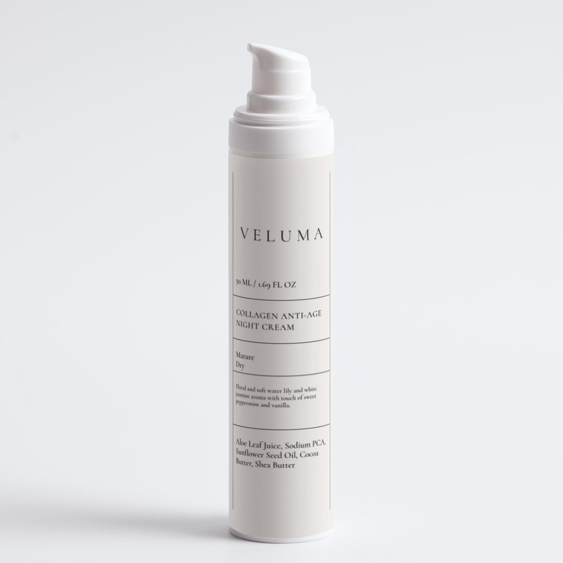 Veluma collagen anti-age night cream with packaging on a white background