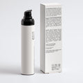 Back of VELUMA Moisturising Day Cream 30ml bottle with a black pump next to its white packaging box, on a clean light gray background.