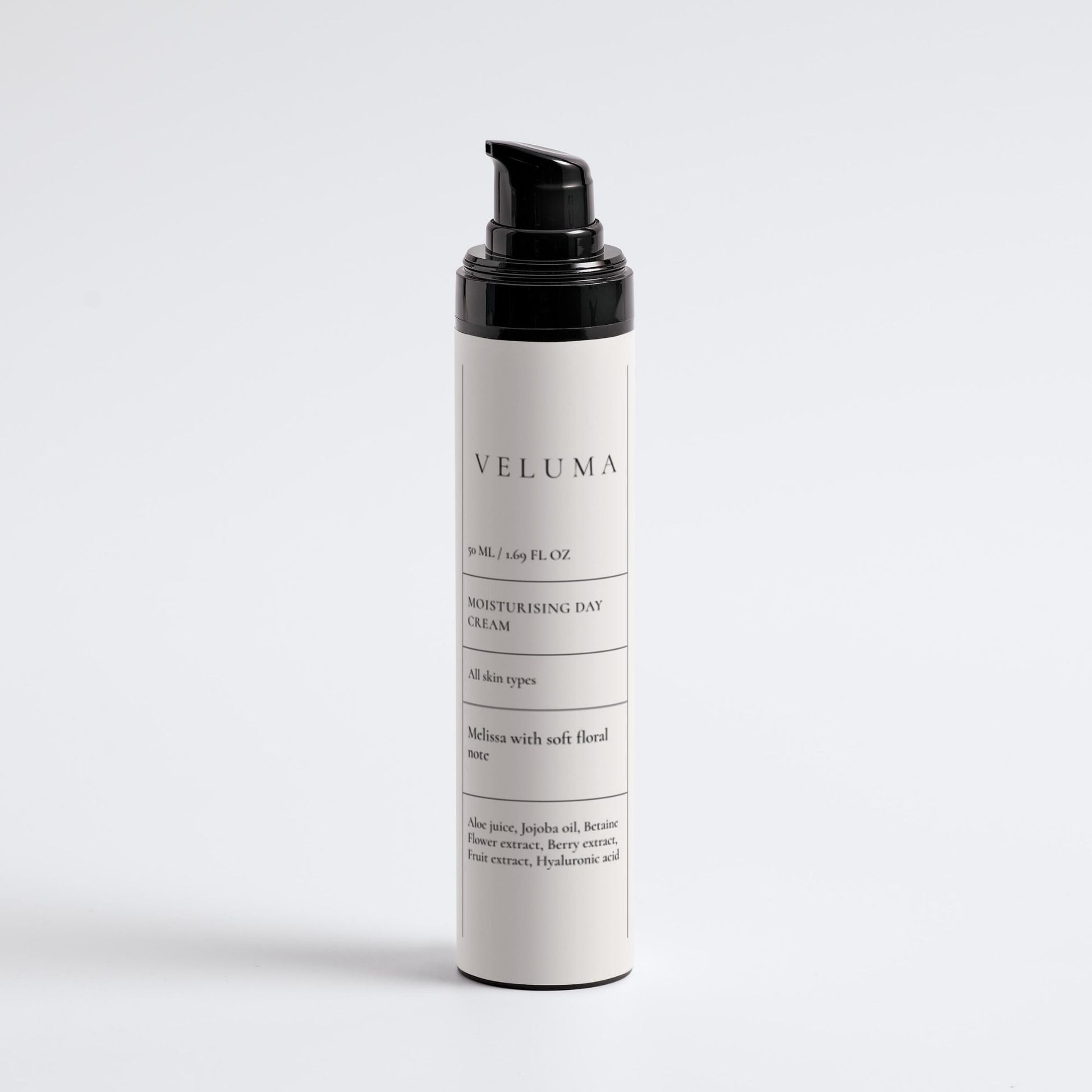 A 50ml pump bottle of Veluma moisturising day cream, set against a clean white background.