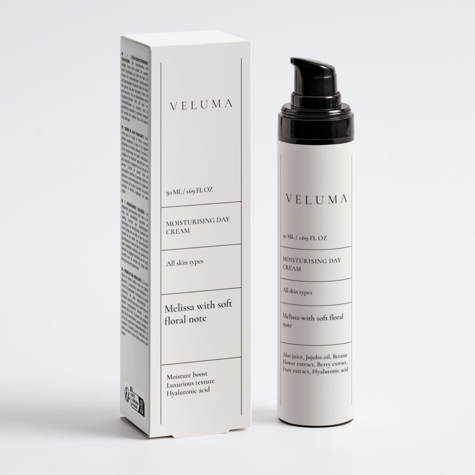 VELUMA Moisturising Day Cream 30ml bottle with a black pump next to its white packaging box, on a clean light gray background.