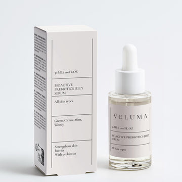 Veluma skincare serum bottle and packaging on a white background